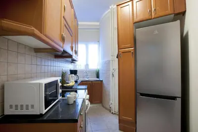 a kitchen with a white microwave and a refrigerator at Comfortable apartment at the foot of the Odeon of Herodes Atticus in Athens