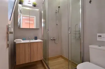 a bathroom with a shower and a sink and a toilet at Petralona, a sweet and cozy apartment in Athens