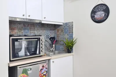 a microwave oven sitting on top of a refrigerator at Agia Paraskevi, a cozy and minimal retire in Athens