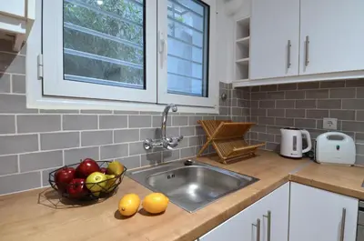 a kitchen with a sink and a bowl of fruit at Acropolis, a nice and minimal apartment in Athens