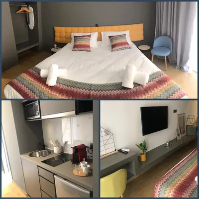 two pictures of a bedroom with a bed and a television at Metropolitan Complex Suite Faliro in Piraeus