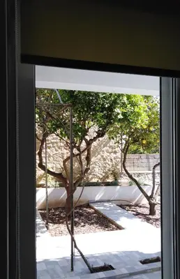 a window with a view of a tree outside at Piraeus Suite~Ermioni Villas in Piraeus