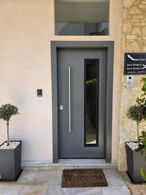 a black front door of a house with two potted plants at Cinema Zeus Studios - by Avelink in Spáta
