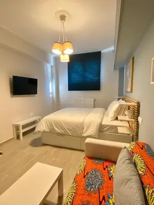 a bedroom with a bed and a couch and a tv at For a genuine Athenian homestay! in Athens