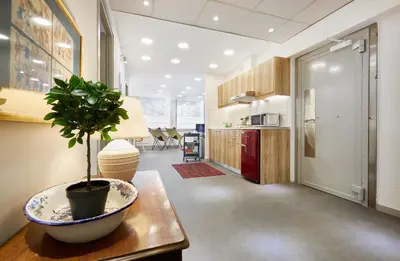 a kitchen with a plant in a bowl on a table at Chloe Boutique Apartments Apollo in Athens