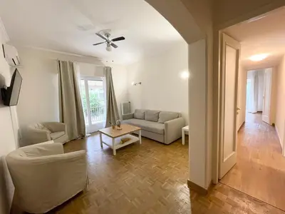 a living room with a couch and a table at Faliro Apartments Next To The Beach in Athens