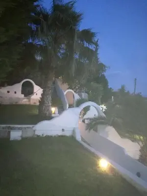 a house with a palm tree and a white fence at WHOLE HOUSE NEAR THE BEACH WITH AMAZING VIEW in Kalívia Thorikoú