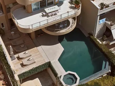 an overhead view of a house with a swimming pool at Grystal Green Properites in Athens