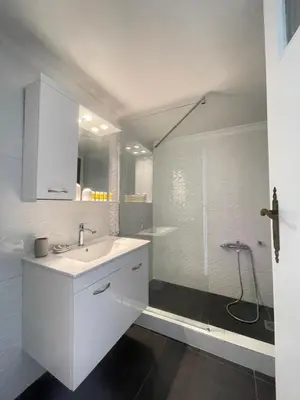 a white bathroom with a shower and a sink at Plato - Acropolis Residence Apartment in Athens