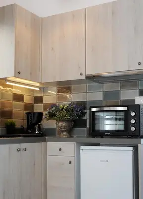 a kitchen with wooden cabinets and a microwave oven at Top of the city Central studio with Acropolis View in Athens
