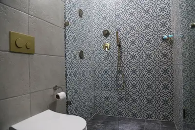 a bathroom with a shower with a toilet in it at Rooster Suites in Athens