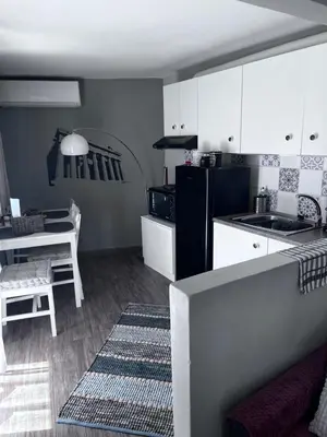 a kitchen with a black refrigerator and a table at Cozy studio apartment in the heart of Athens in Athens