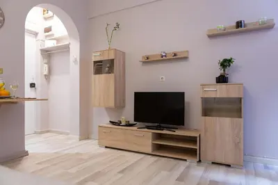 a living room with a tv on a wooden entertainment center at Plato's Square Apartments in Athens