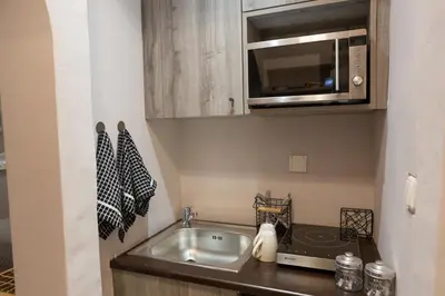 a kitchen with a sink and a microwave at Plato's Square Apartments in Athens