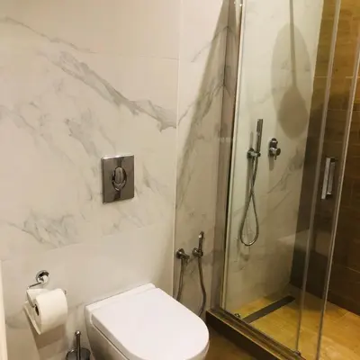 a bathroom with a shower and a toilet at Metropolitan Complex Suite 2@faliro in Piraeus
