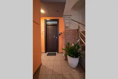 a hallway with a door and a potted plant at Brand New Aprt with backyard in Lycabettus Hill ! in Athens