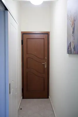 a wooden door in a hallway with a painting at athens city themis 11 in Athens