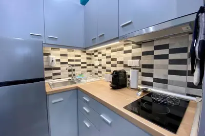 a small kitchen with a stove and a sink at Thissio, Downtown Athens by 'Philoxenia In Athens' in Athens