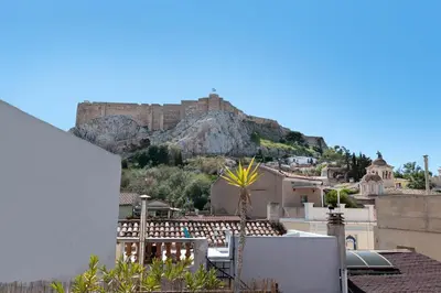 a view of the castle from the roofs of houses at Acropolis Crib Spot in Athens
