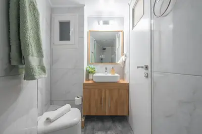 a bathroom with a sink and a toilet and a mirror at Earthy Green House in Athens