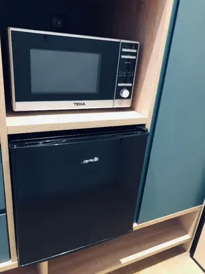 a microwave oven sitting on top of a dishwasher at Metropolitan Complex room-Faliro in Piraeus
