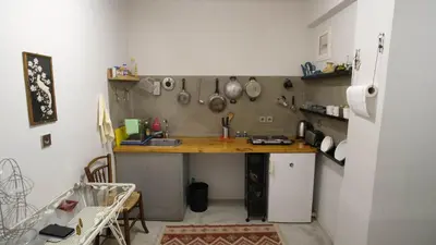 a small kitchen with a counter and a refrigerator at quiet and central FLAT with private backyard GARDEN in Athens