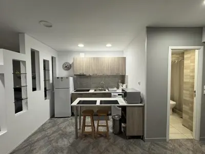 a kitchen with a sink and a refrigerator at Aphrodite Studio near Athens Floisvos Marina in Athens