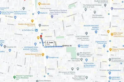 a close up of a map with pointers at Comfortable Modern Entire House near the center of Athens-Blue Serenity in Athens