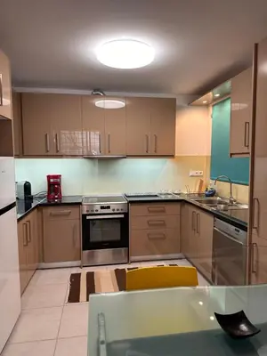 a kitchen with stainless steel appliances and brown cabinets at Anna's House in Athens