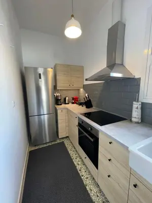a kitchen with a stainless steel refrigerator and a sink at Acropolis Exceptional View II in Athens