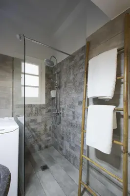 a bathroom with a shower and a ladder with towels at Apollonos Studio Amalia in Athens