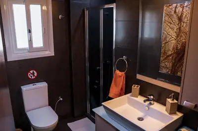 a bathroom with a toilet and a sink and a shower at Studio Katafigi in Anavissos
