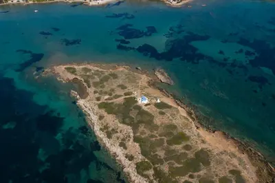 an aerial view of an island in the water at Modular Bungalows With Heated Pool Artemis Greece in Artemida