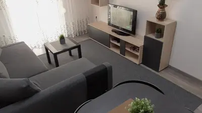 a living room with a couch and a television at Ellada Apartment in Athens
