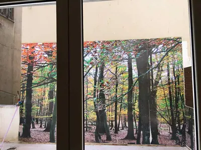 a window with a painting of a forest of trees at Eleni's Central DownTown Quitness in Athens