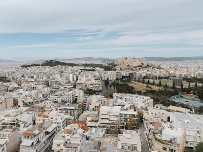 an aerial view of a city with buildings at Vagabond Guesthouse in Athens