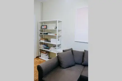 a living room with a couch and a book shelf at Newly Renovated Athenian Apt with Balcony in Athens