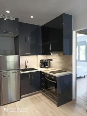 a kitchen with black cabinets and a stainless steel refrigerator at VARKIZA VIEW APARTMENT in Varkiza