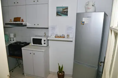 a kitchen with a refrigerator and a microwave on a counter at TRADITIONAL HOUSE in Athens
