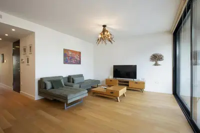 a living room with a couch and a tv at Luxury Acropolis Rooftop Apartment in Athens