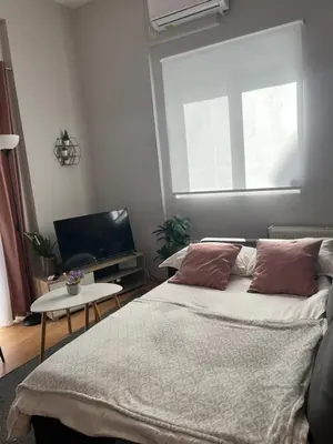 a bedroom with a bed and a flat screen tv at Elegant Glyfada Apartment-private Garden-Near METRO in Athens