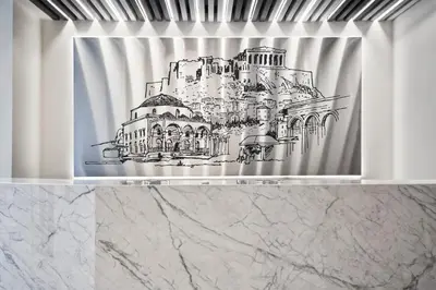 a drawing of a building on a shower curtain at NLH MONASTIRAKI - Neighborhood Lifestyle Hotels in Athens