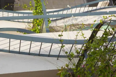 a set of stairs with blue rails and plants at L'Avventura Athens in Athens