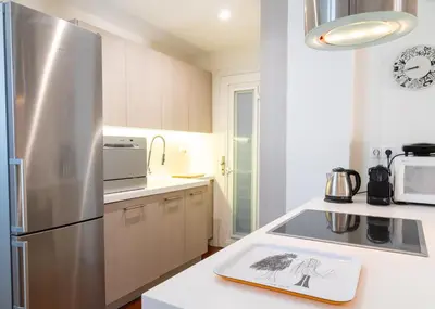 a kitchen with a refrigerator and a book on a counter at Plaka Sweet House 2 in Athens