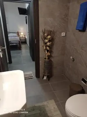 a bathroom with a toilet and a vase of flowers at PHOENIX apartment near the airport in Markopoulo