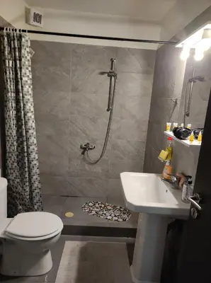 a bathroom with a shower and a toilet and a sink at PHOENIX apartment near the airport in Markopoulo