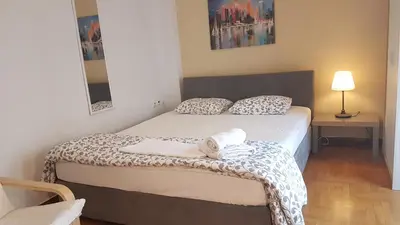 a bedroom with a bed with a leopard print blanket at Petrol Apartment- Athens Center, 4 BD, 1 BATH in Athens