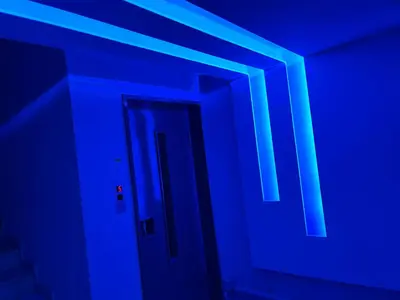 a room with blue lights on the ceiling at Παιδων στουντιο 3 in Athens
