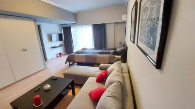 a living room with a couch and a bed at METROPOLITAN MACVIEW-3 διαμέρισμα studio Φάληρο in Piraeus