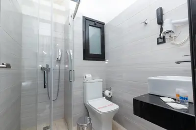 a bathroom with a shower and a toilet and a sink at Evita Asty in Athens